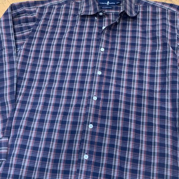 T. Harris London Gentlemans Fit Plaid Long Sleeve Button-Up Shirt L Navy/Red - Picture 5 of 5